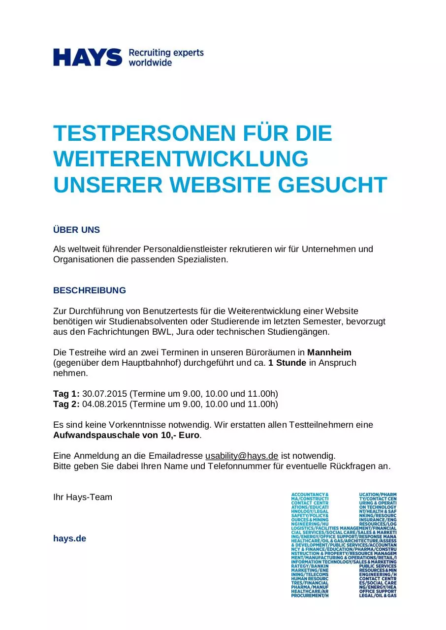 Page 1 of 1, Aushang hochschulen Hays Testpersonen gesucht