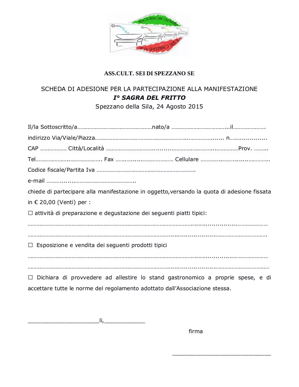 Page 1 of 1, Scheda adesione sagra del fritto