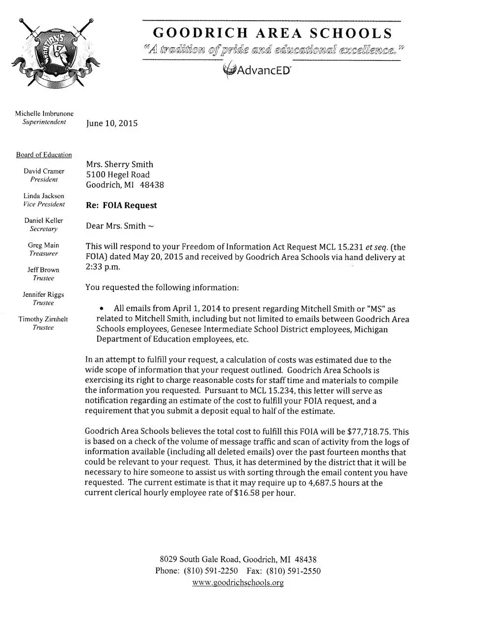 Page 1 of 2, Sherry Smith FOIA Response. JUNE 10, 2015