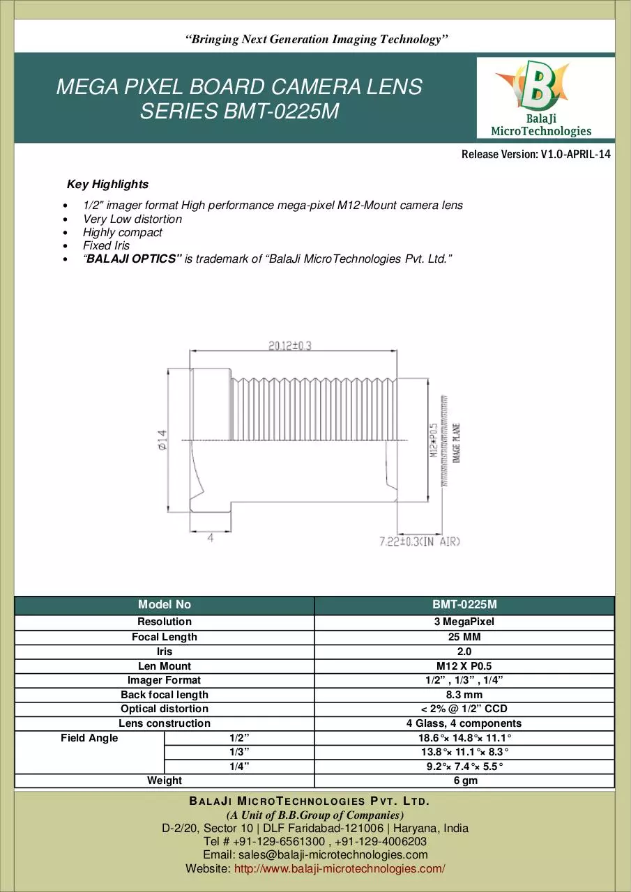 Page 1 of 1, BMT 0225M machine vision lens