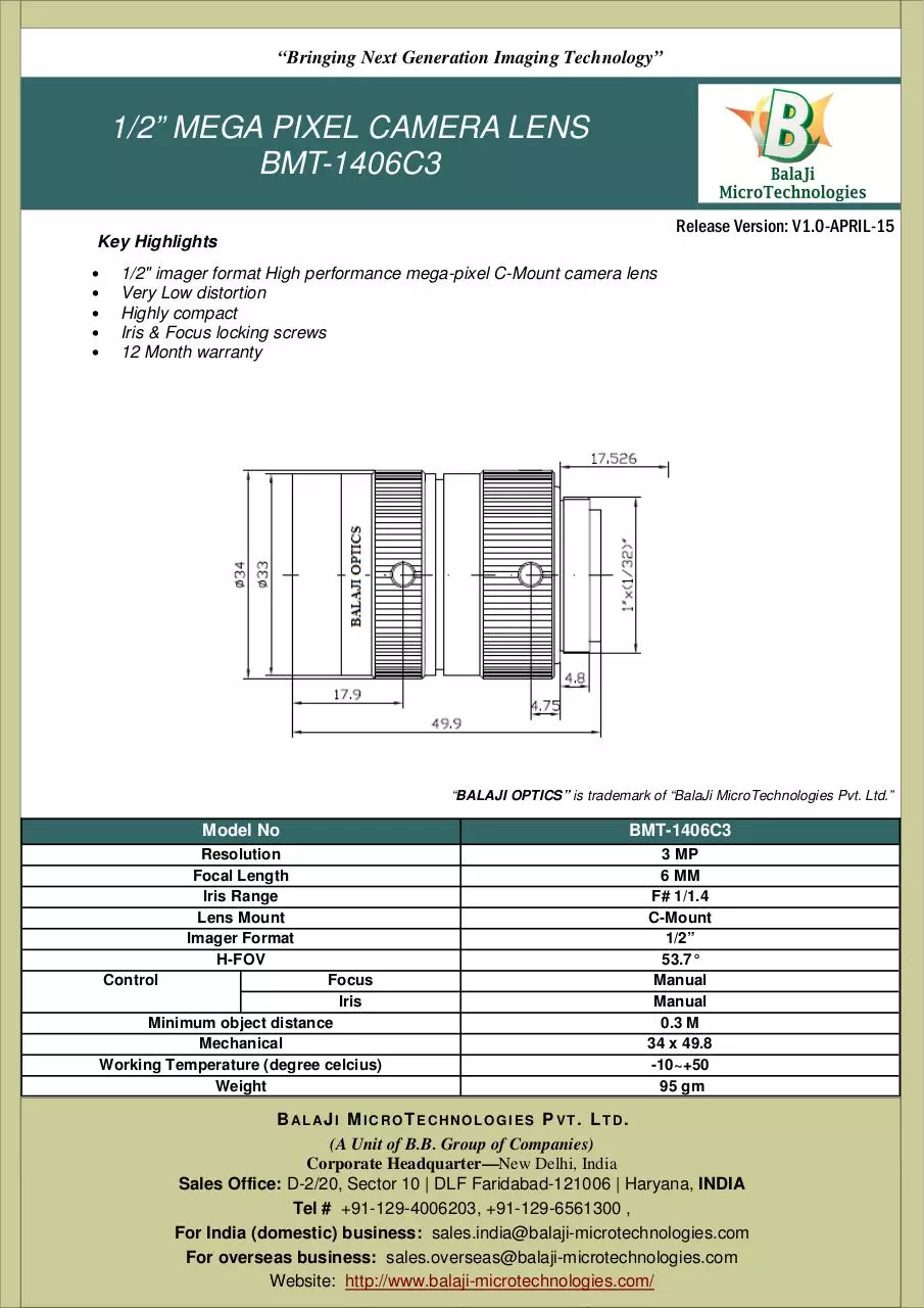 Page 1 of 1, BMT 1406C3 3 MP 6 mm machine vision lens