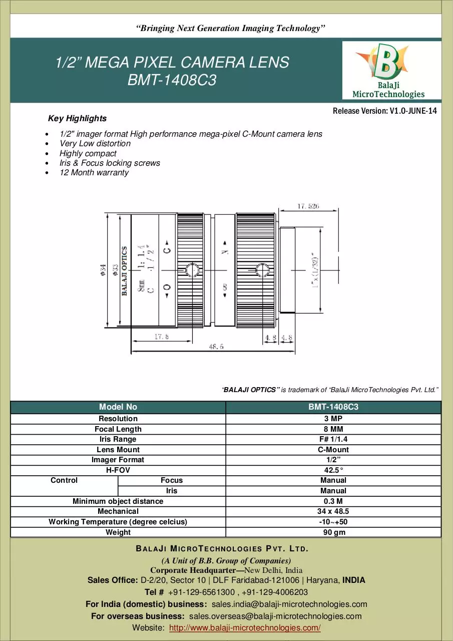Page 1 of 1, BMT 1408C3 8 mm machine vision lens