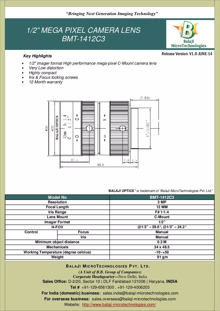 Page 1 of 1, BMT 1412C3 12 mm machine vision lens