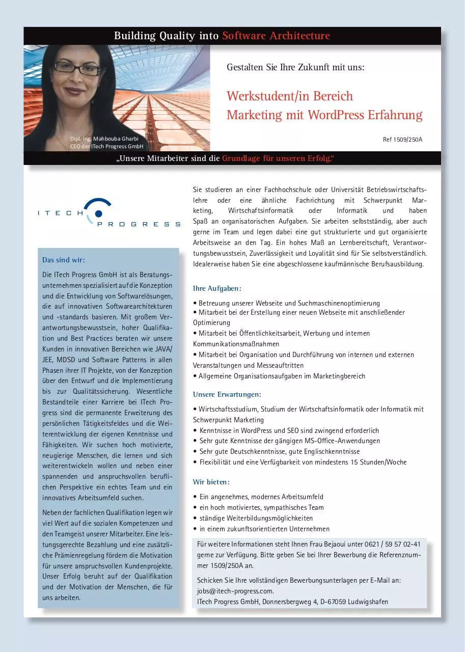 Page 1 of 1, WerkstudentIn Marketing Ref 1509 250A