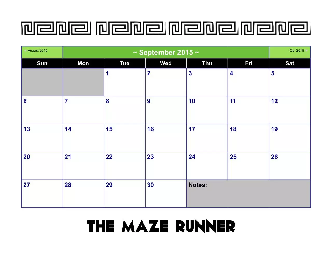 Page 1 of 5, Maze Runner Calendar