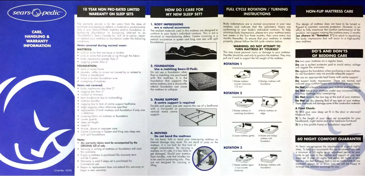 Page 1 of 1, Sears Mattress Care, Handling & Warranty Info