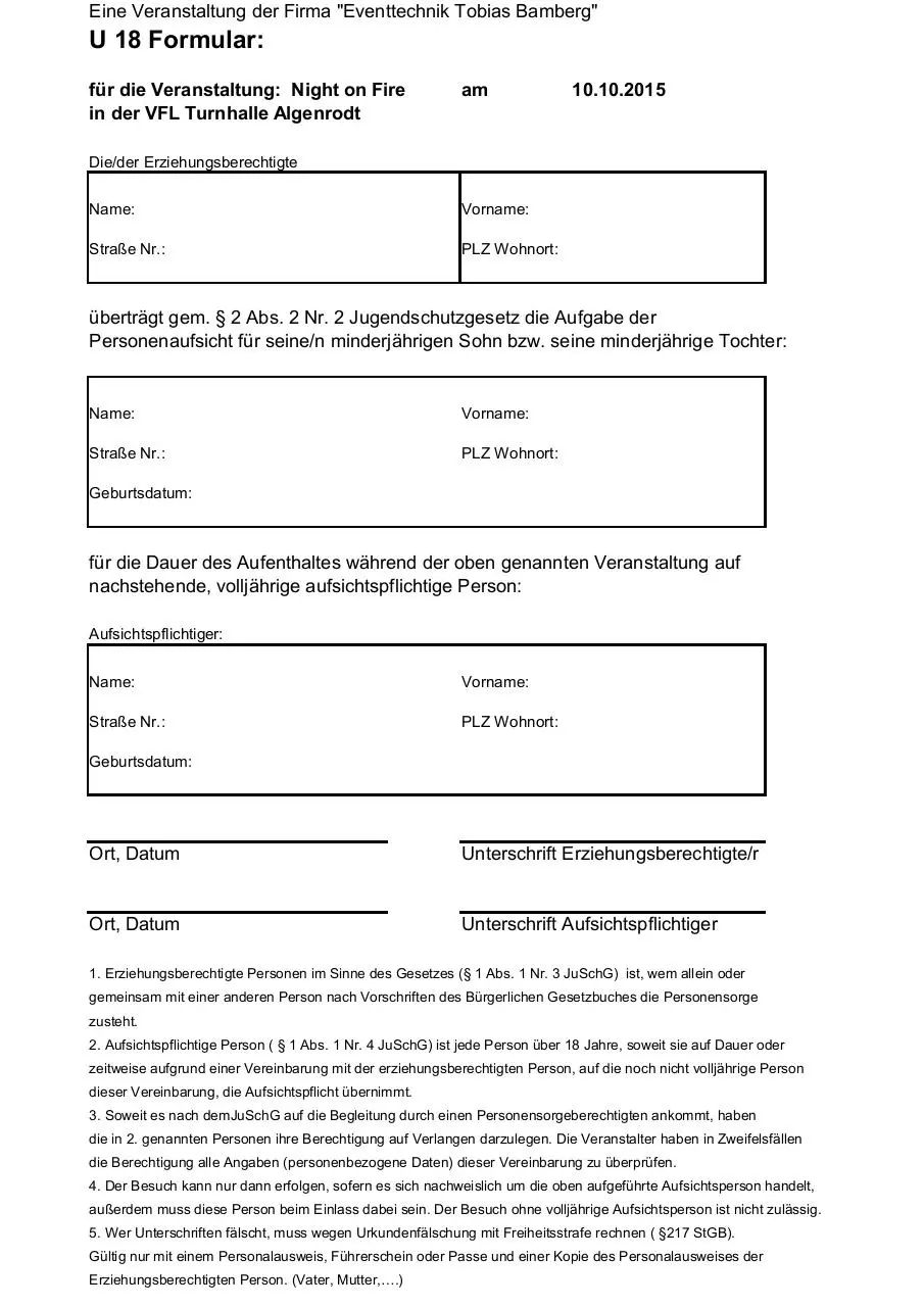Page 1 of 1, Eventtechnik Tobias Bamberg U 18 Formular Night on Fire