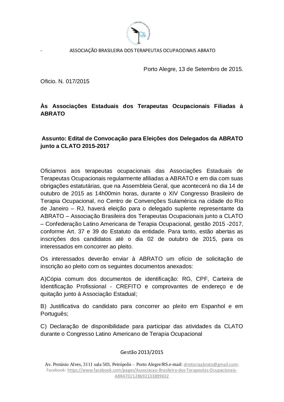 Document preview oficio abrato eleicÃµes-2015 017 delegado CLATO.pdf - page 1/4