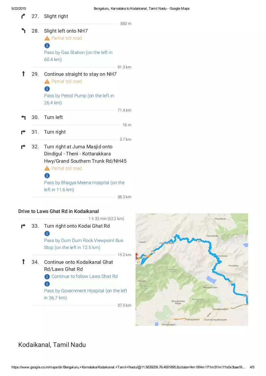 Page 4 of 5, Bengaluru, Karnataka to Kodaikanal, Tamil Nadu Google Maps
