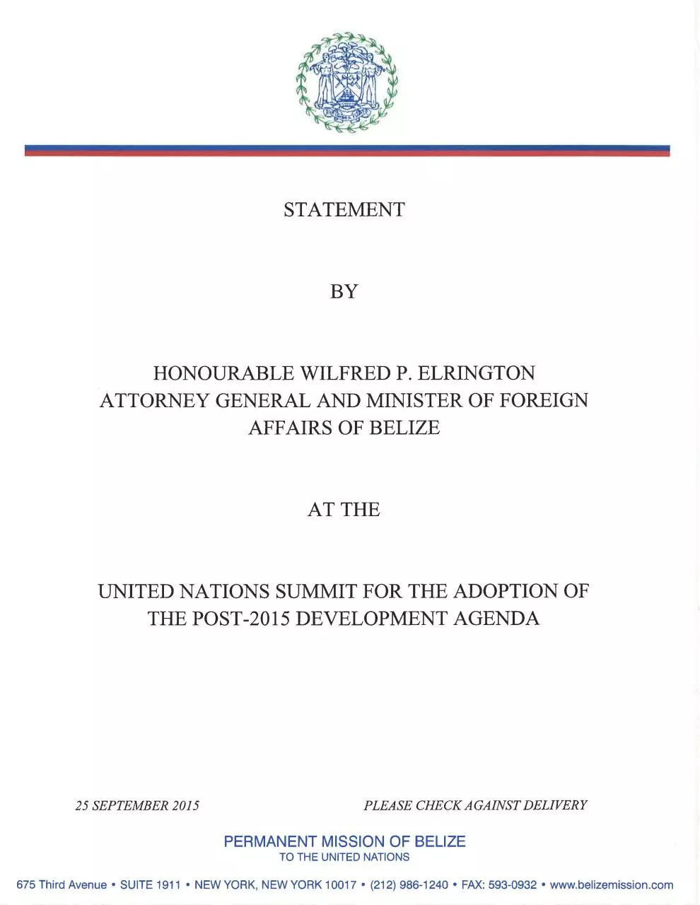 Page 1 of 6, Statement by Hon Wilfred Elrington at the UN post2015