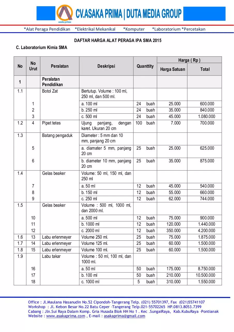 Page 1 of 4, DAFTAR ALAT LABORATORIUM KIMIA DAK SMA 2015