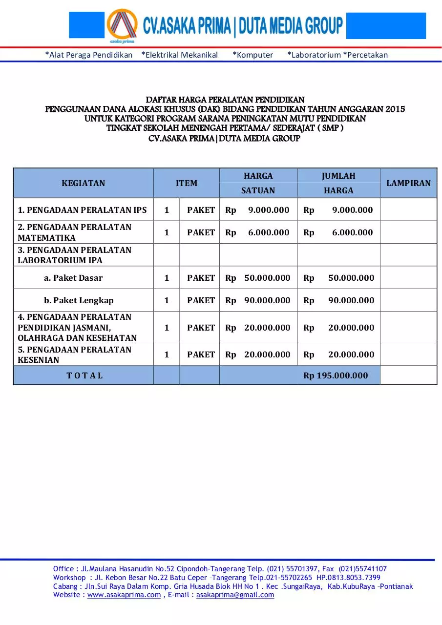 Page 1 of 32, HARGA ALAT PERAGA SMP DAK TAHUN 2015 ASAKA PRIMA