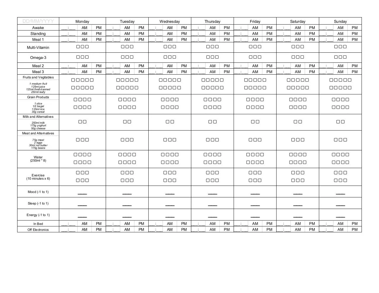 Document preview - Health Tracker - 1 Week.pdf - Page 1/1