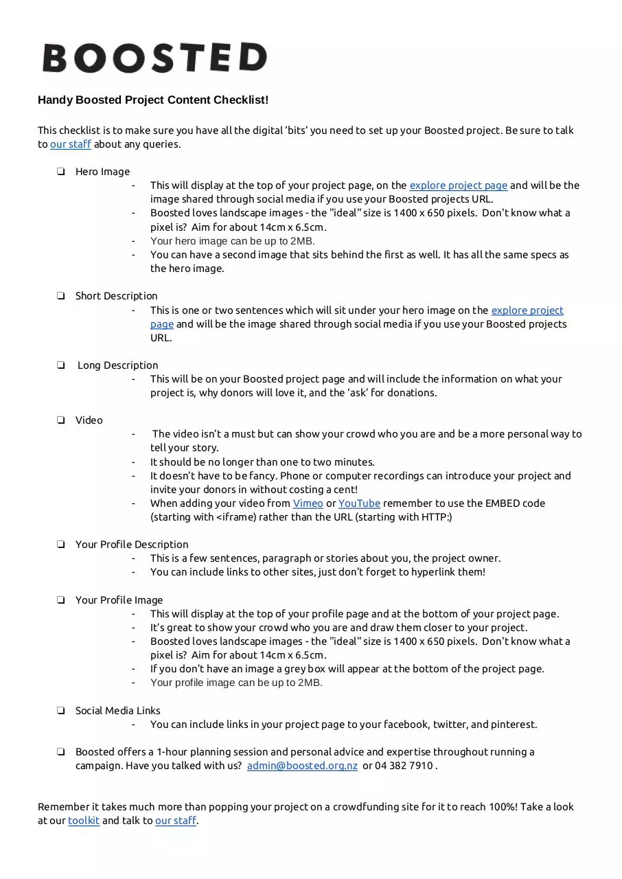 Page 1 of 1, Boosted Project Content Checklist