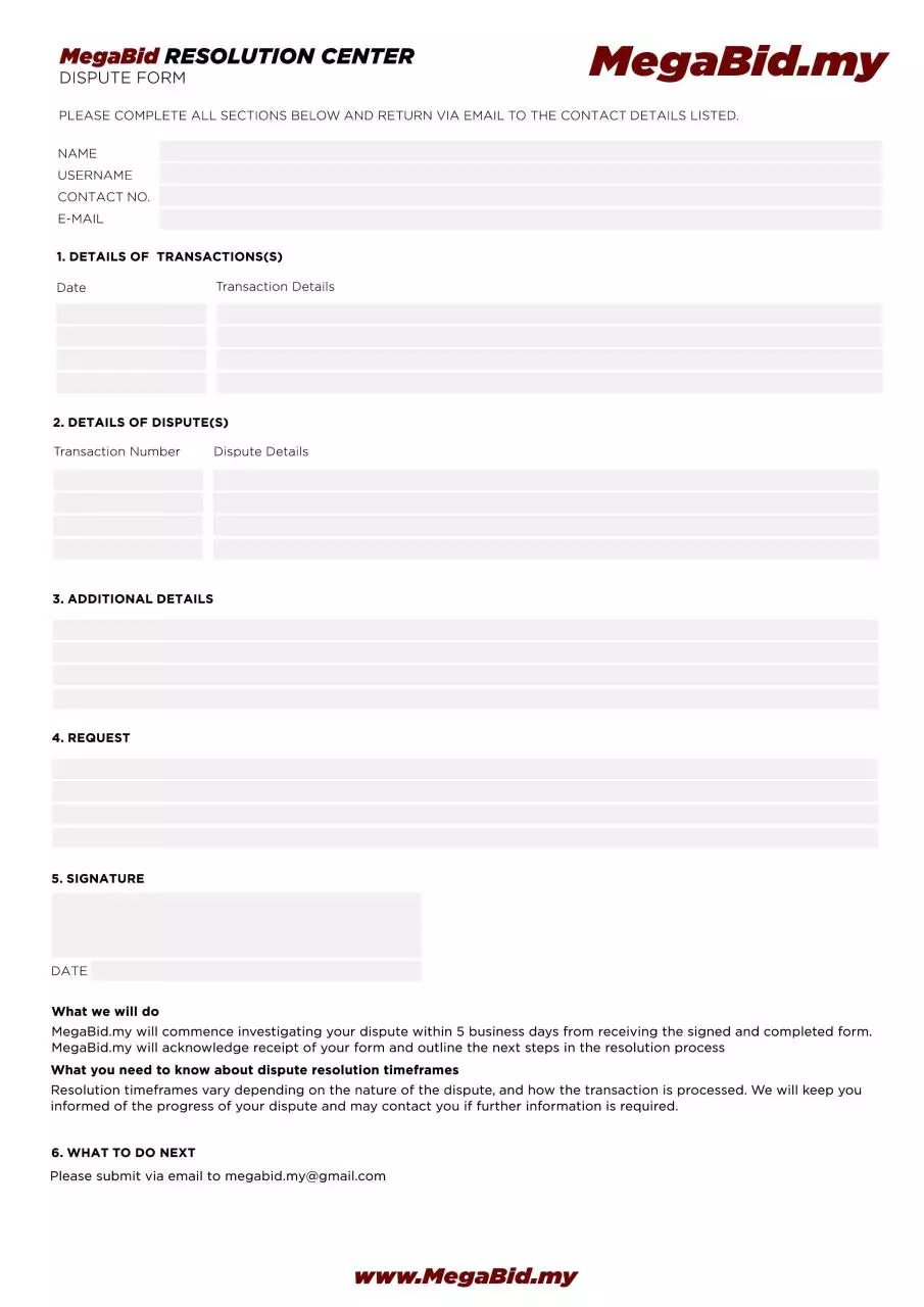 Page 1 of 1, MegaBidDisputeResolutionForm
