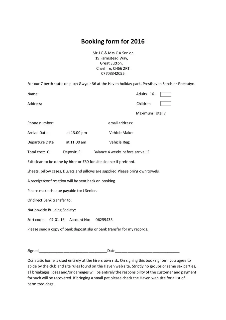 Document preview - Booking form for 2016 Modifiable.pdf - Page 1/1