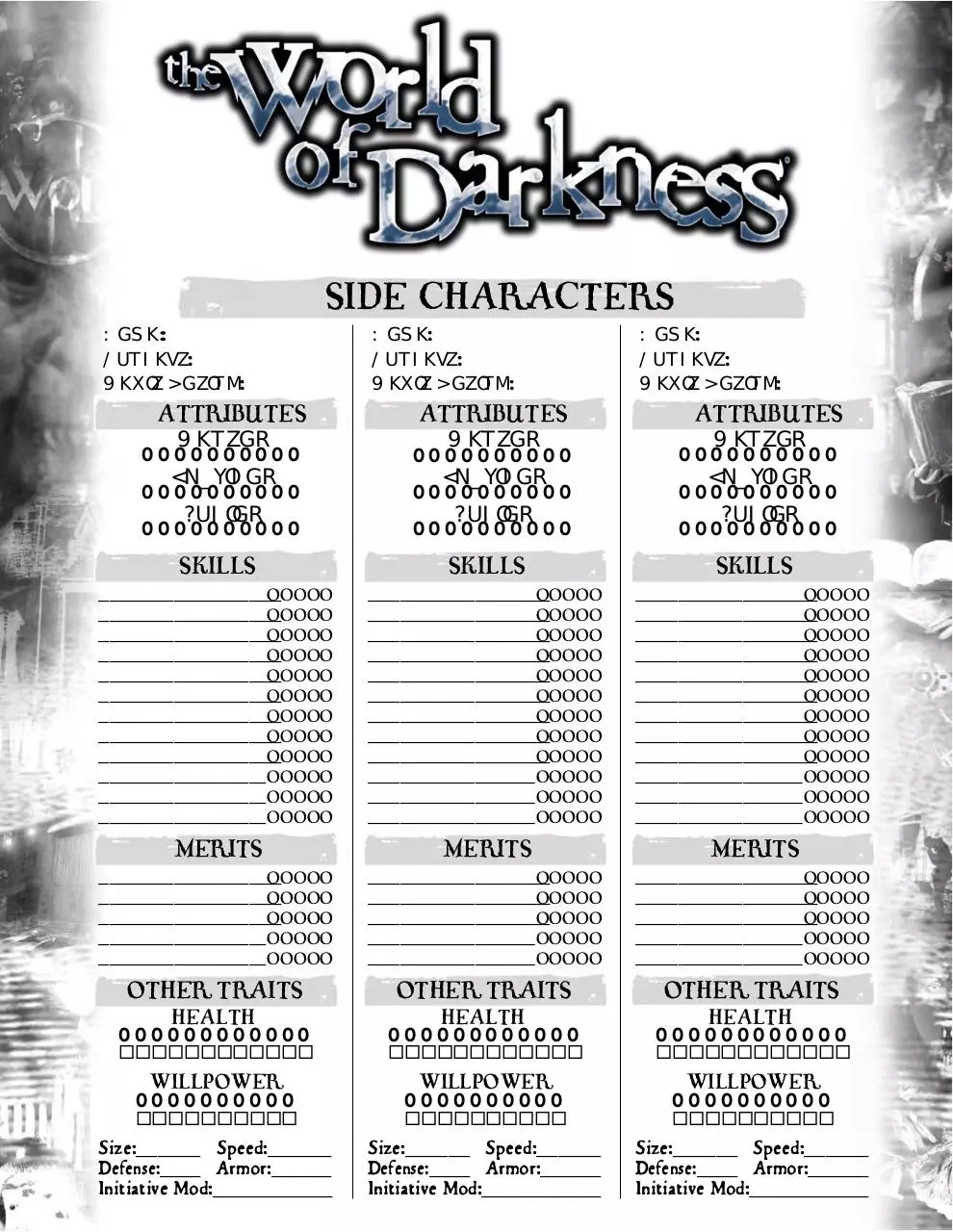 Page 1 of 1, Side Character Sheet