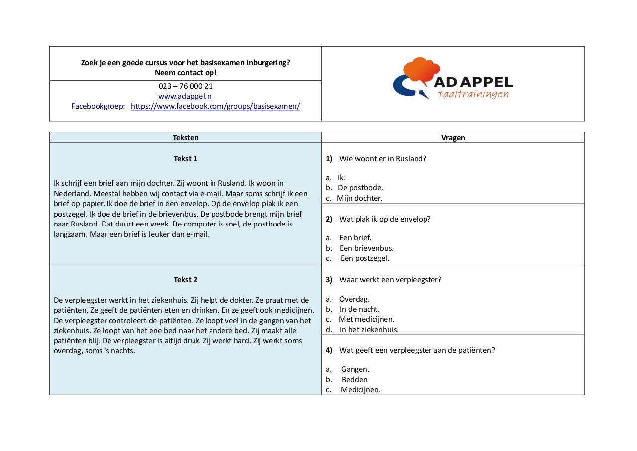 Document preview Oefentoets 2 Leesvaardigheid A1 - basisexamen inburgering.pdf - page 2/5