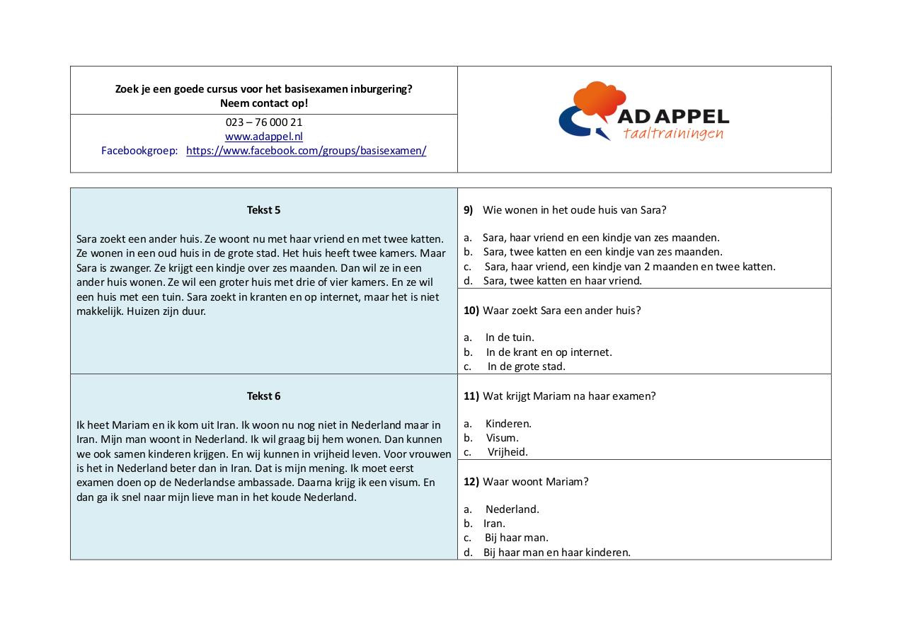 Document preview Oefentoets 4 Leesvaardigheid A1 - basisexamen inburgering.pdf - page 4/5