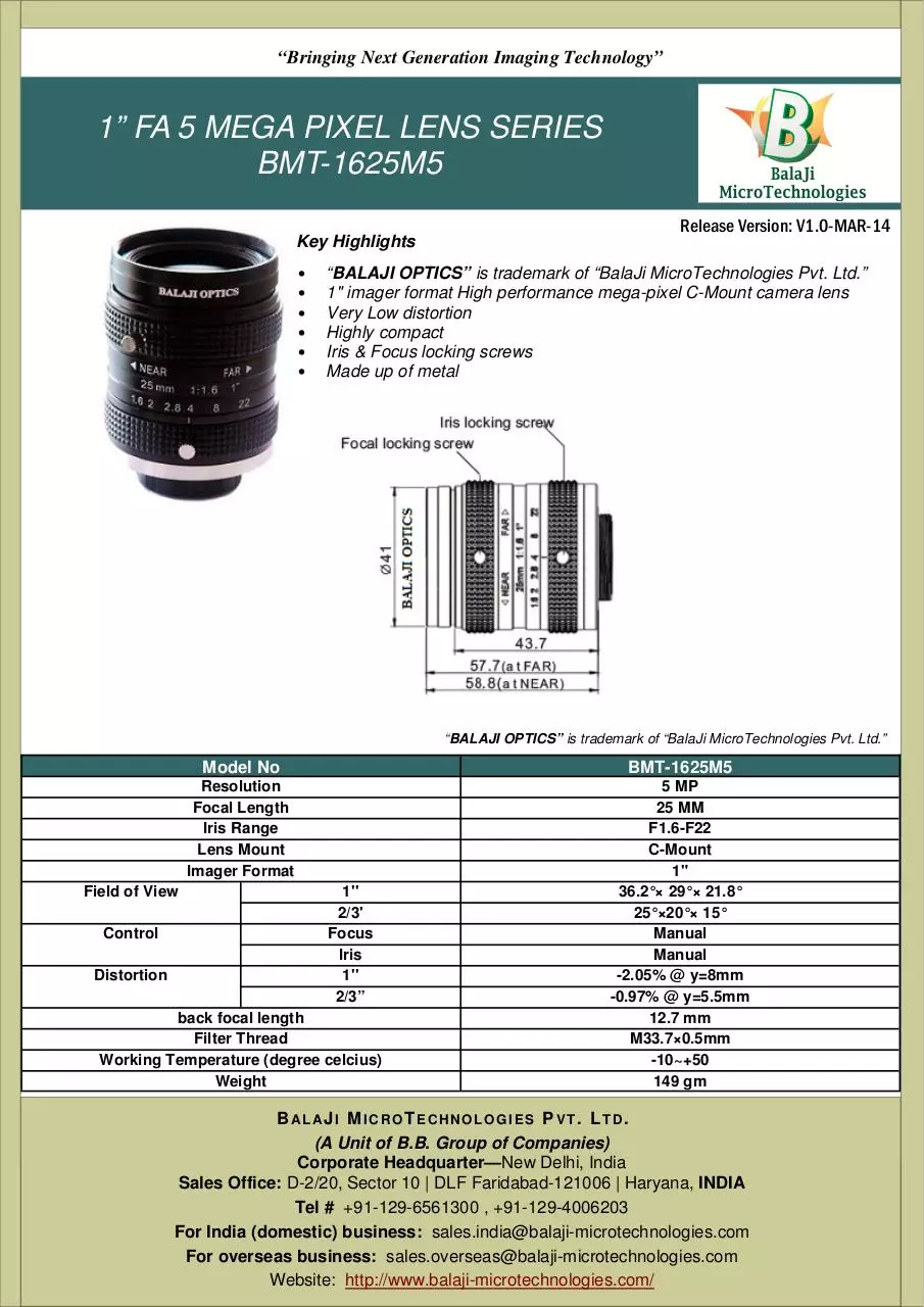 Document preview - BMT-1625M5_5 MP 25 mm machine vision lenses.pdf - Page 1/1