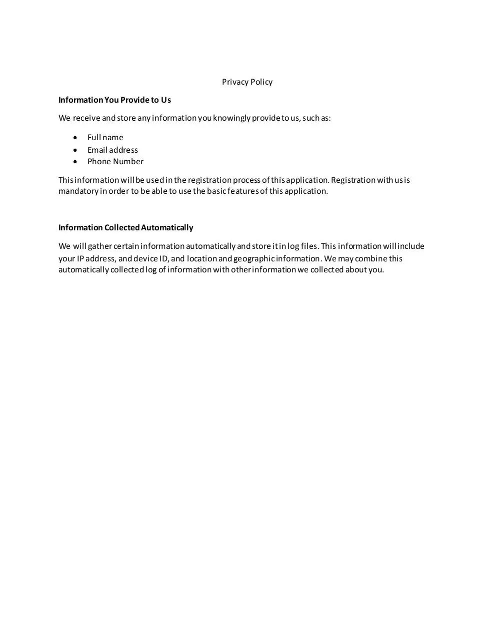 Page 1 of 1, Privacy Policy