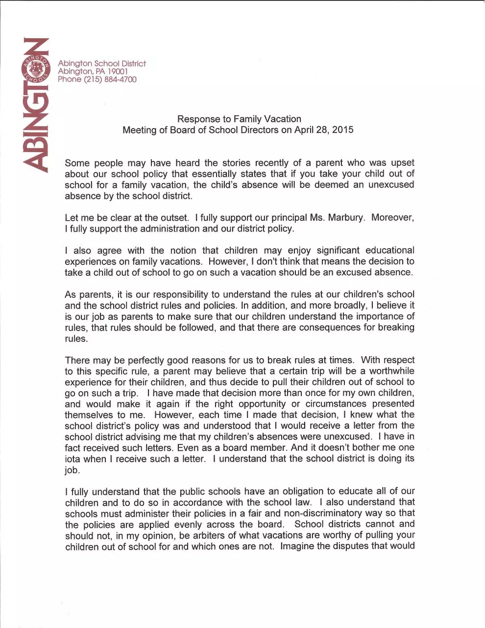 Page 1 of 2, Mr McGarry Response to Family Vacation 4 2015