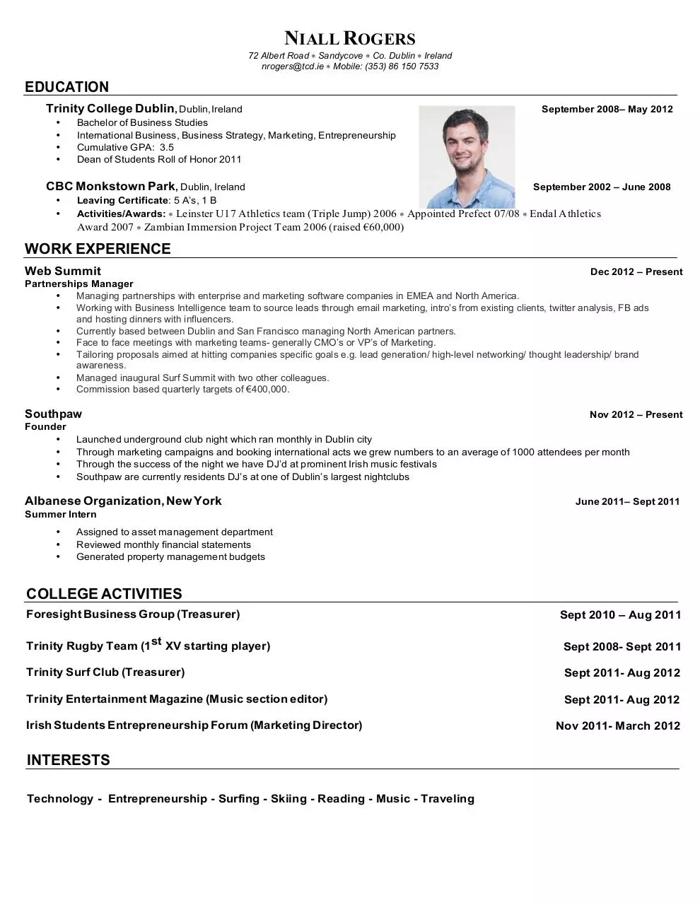 Page 1 of 1, Niall Rogers CV