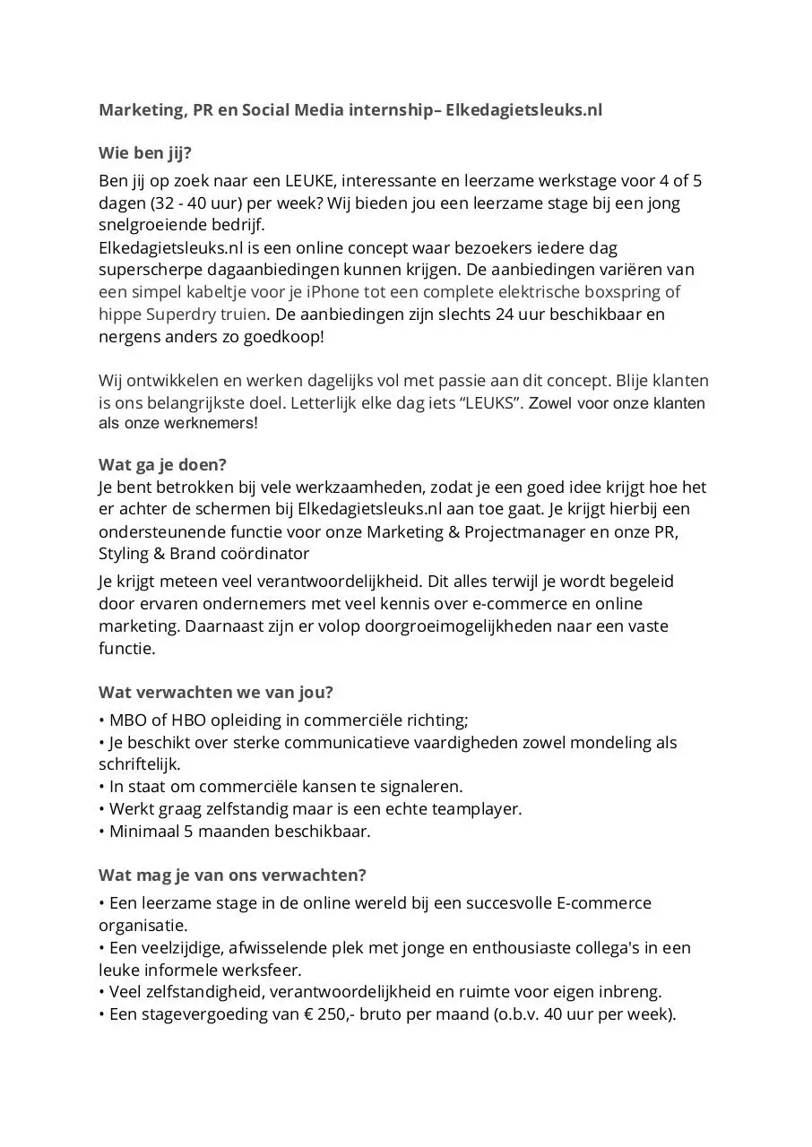 Page 1 of 1, stage vacature marketing medewerker