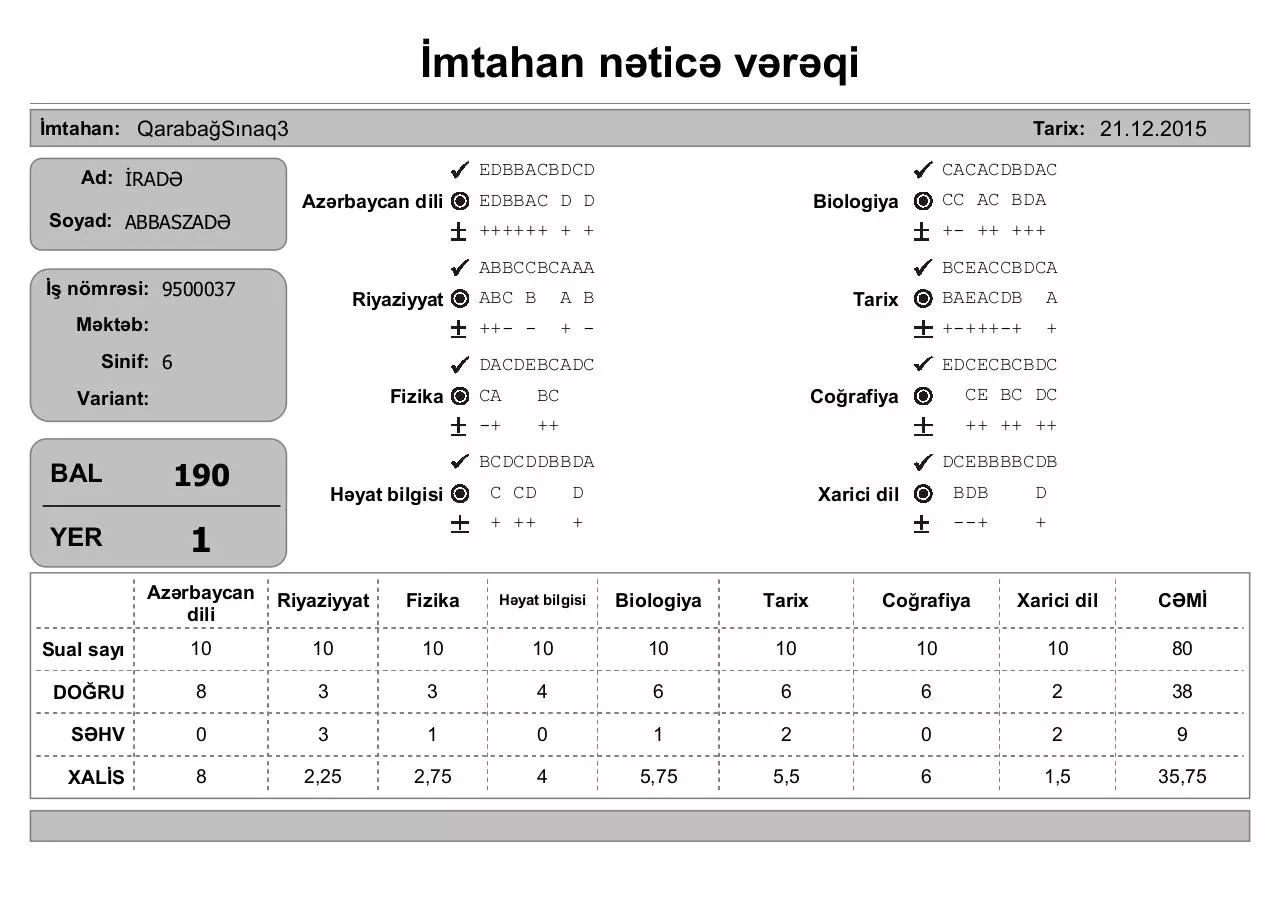 Page 1 of 7, mtahan nəticə vərəqi (6 cı sinif)