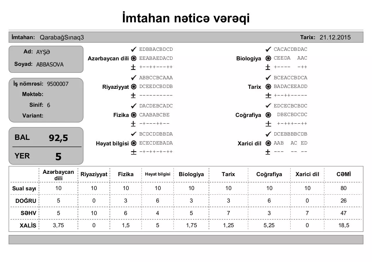 Page 5 of 7, mtahan nəticə vərəqi (6 cı sinif)