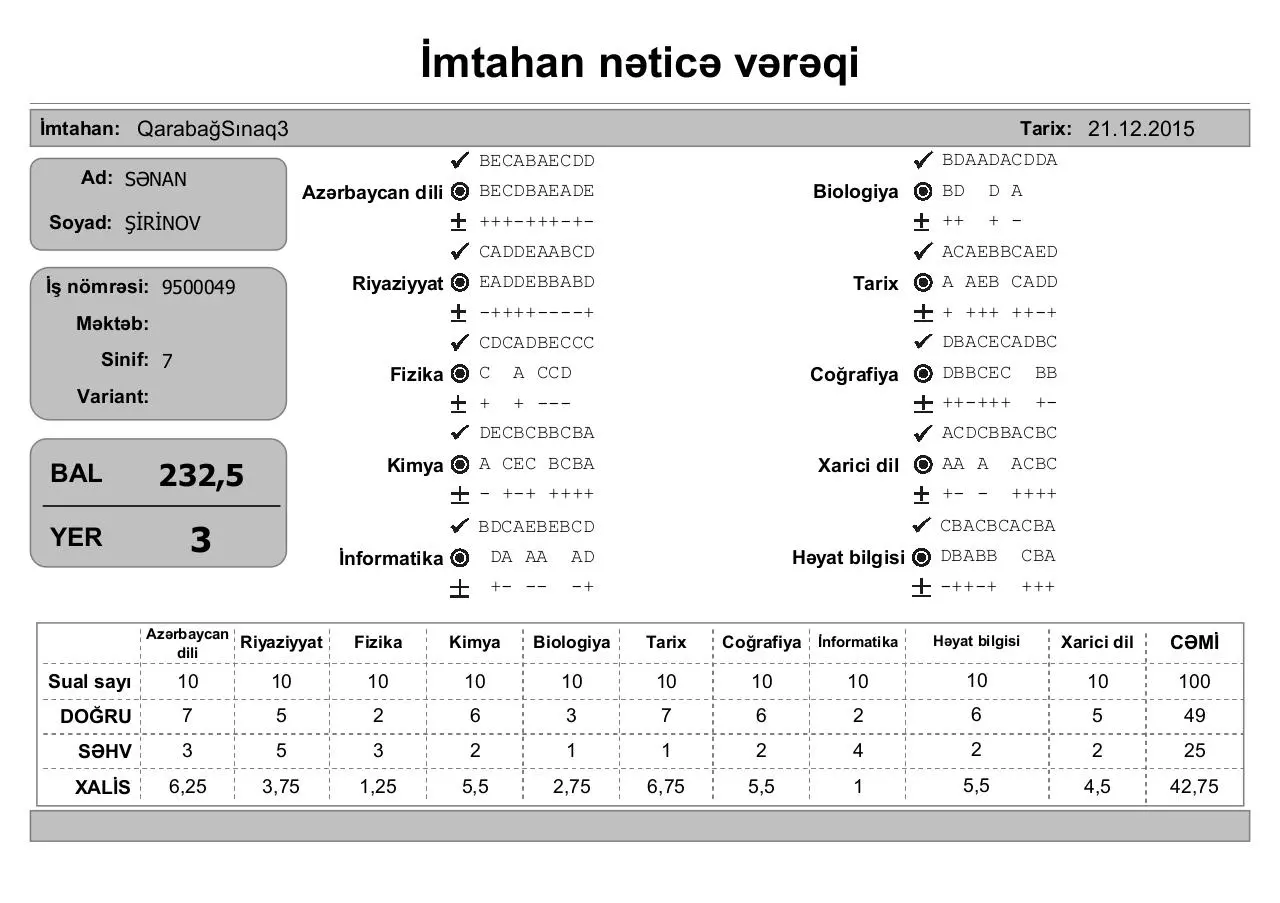 Page 3 of 10, mtahan nəticə vərəqi (7 ci siniflər)