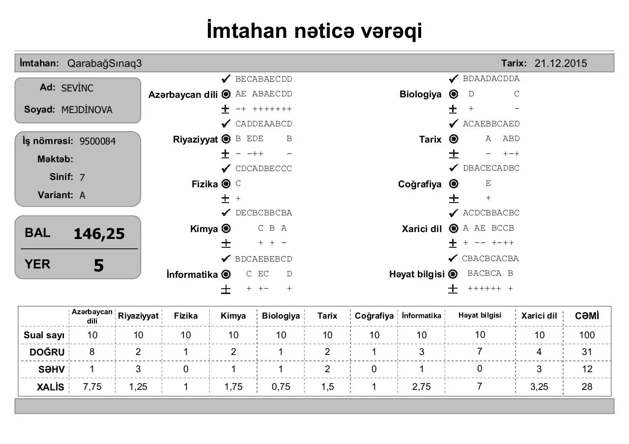 Page 5 of 10, mtahan nəticə vərəqi (7 ci siniflər)