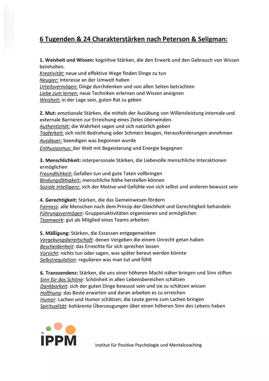 Page 1 of 1, 24Charakterstärken u. Tugenden nach Peterson & Seligman