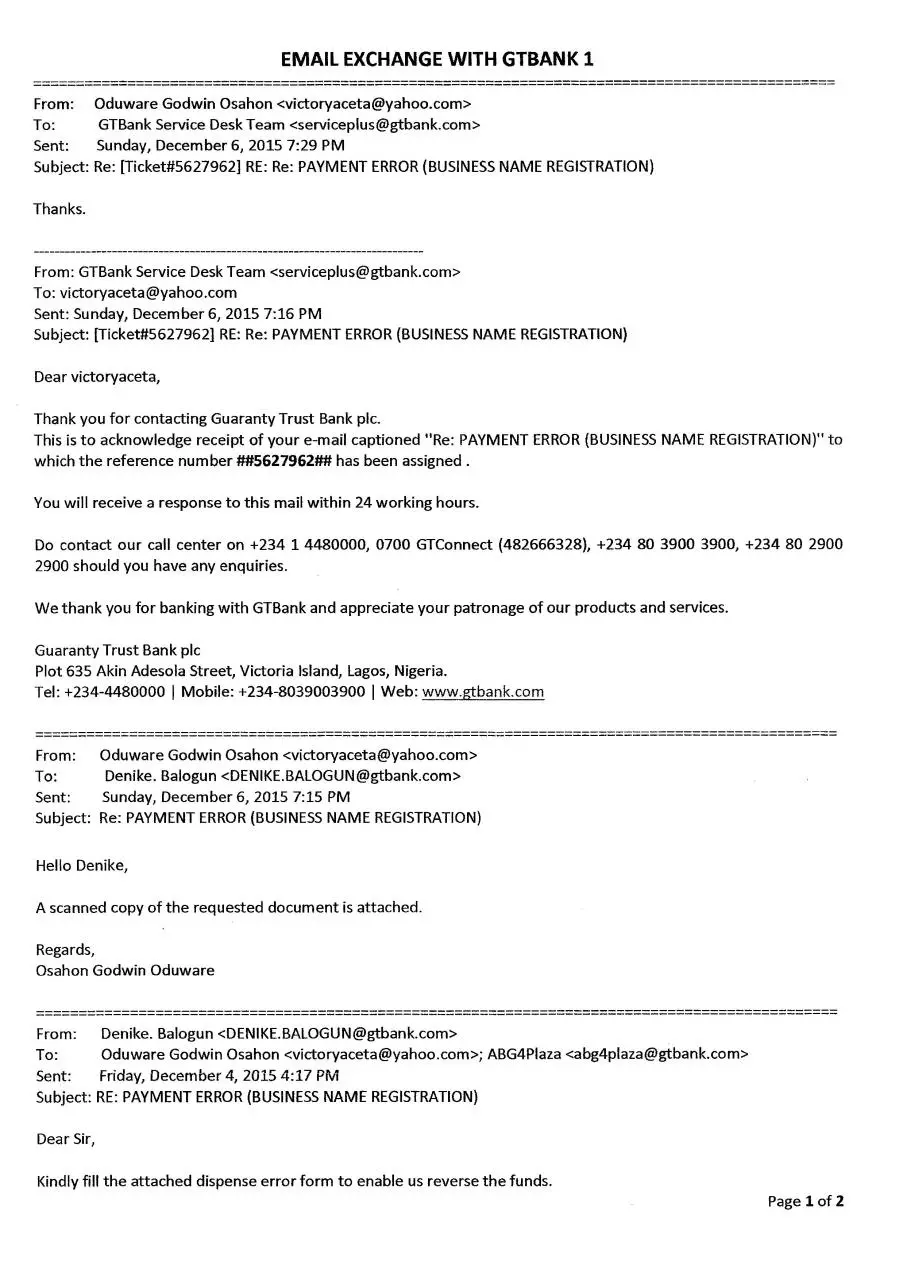 Page 1 of 2, GTBank Emails 1