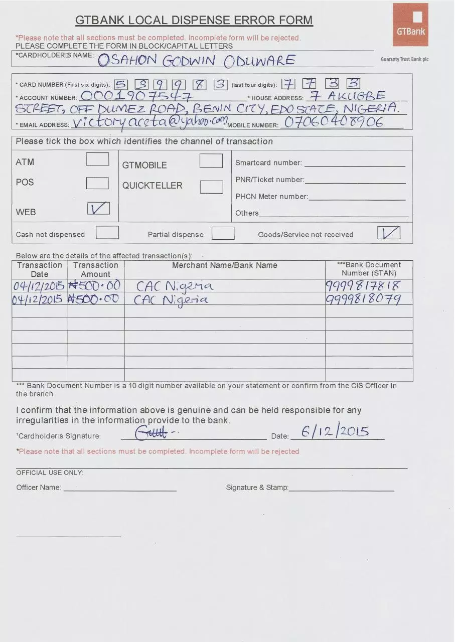 Page 1 of 1, GTBank Local Dispense Error Form 06 12 2015