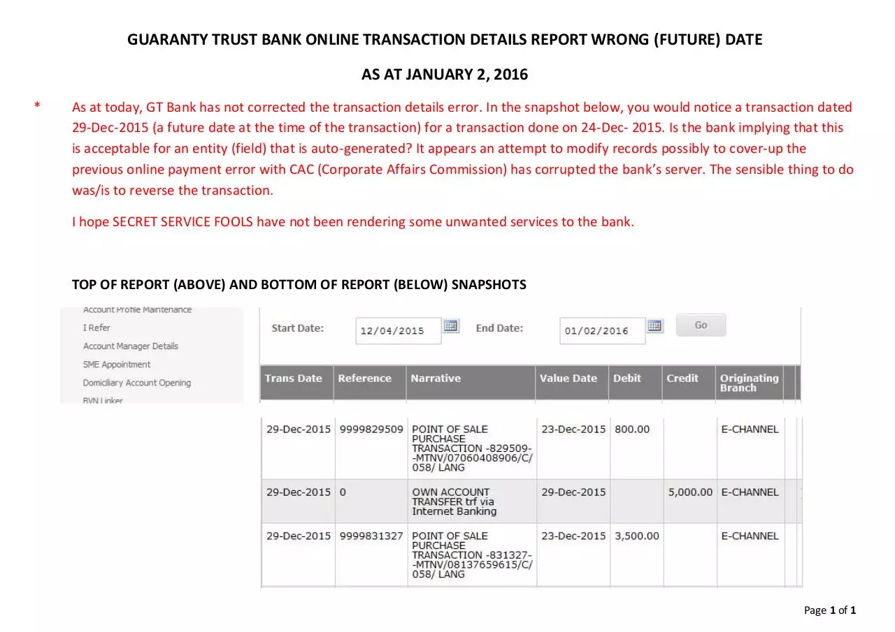 Page 1 of 1, GTBank Online Report Date Jan 02 2016