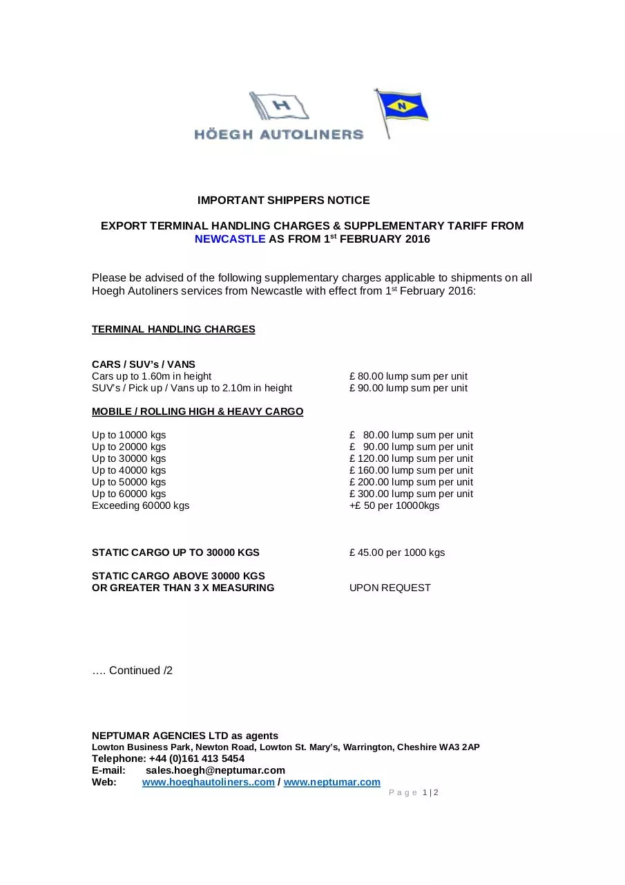 Page 1 of 2, Supplementary Services Tariff 2016 Newcastle