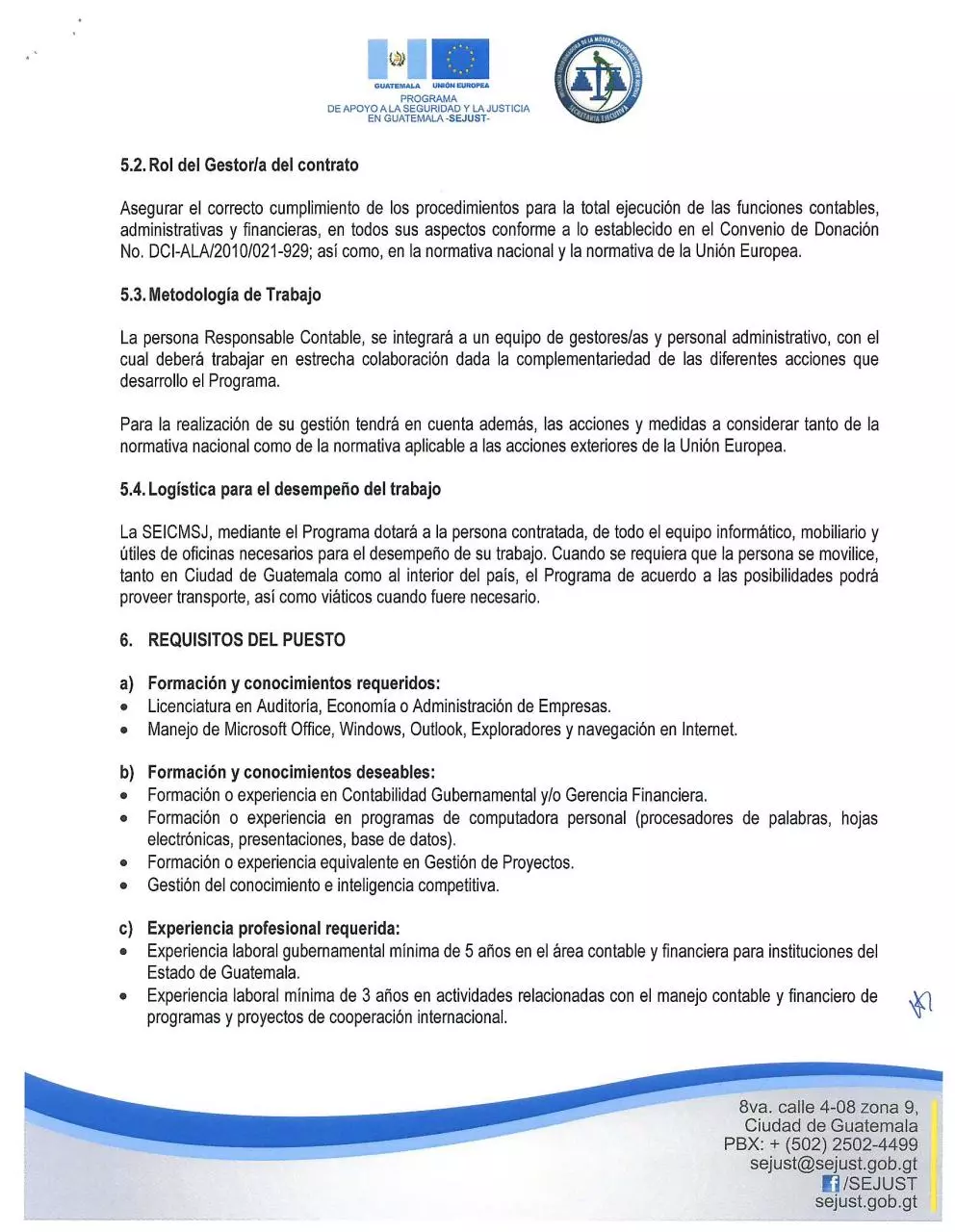 Page 3 of 6, Convocatoria y TDR Responsable Contable SEJUST 2016
