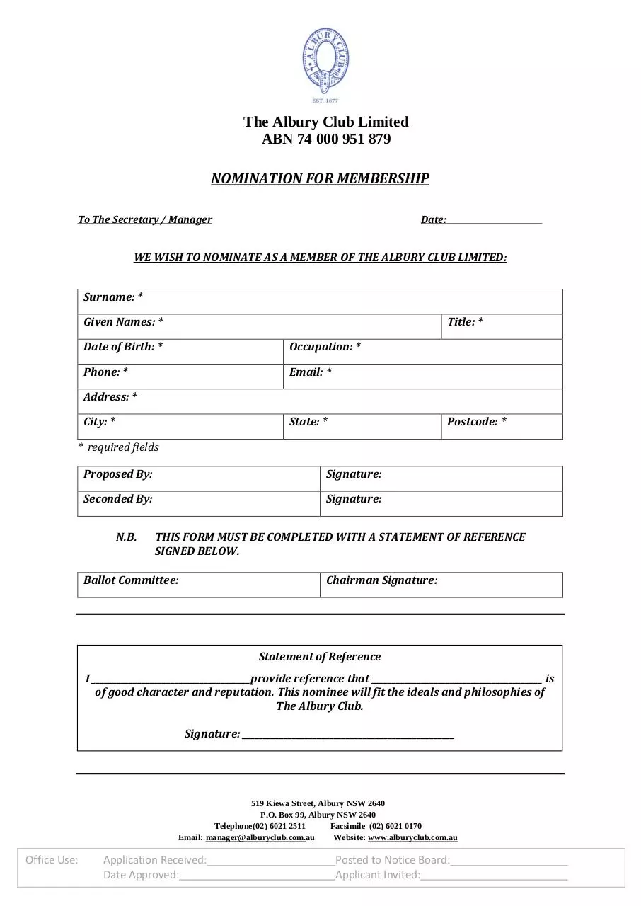 Page 1 of 1, Albury Club Nomination Form with Statement of Reference