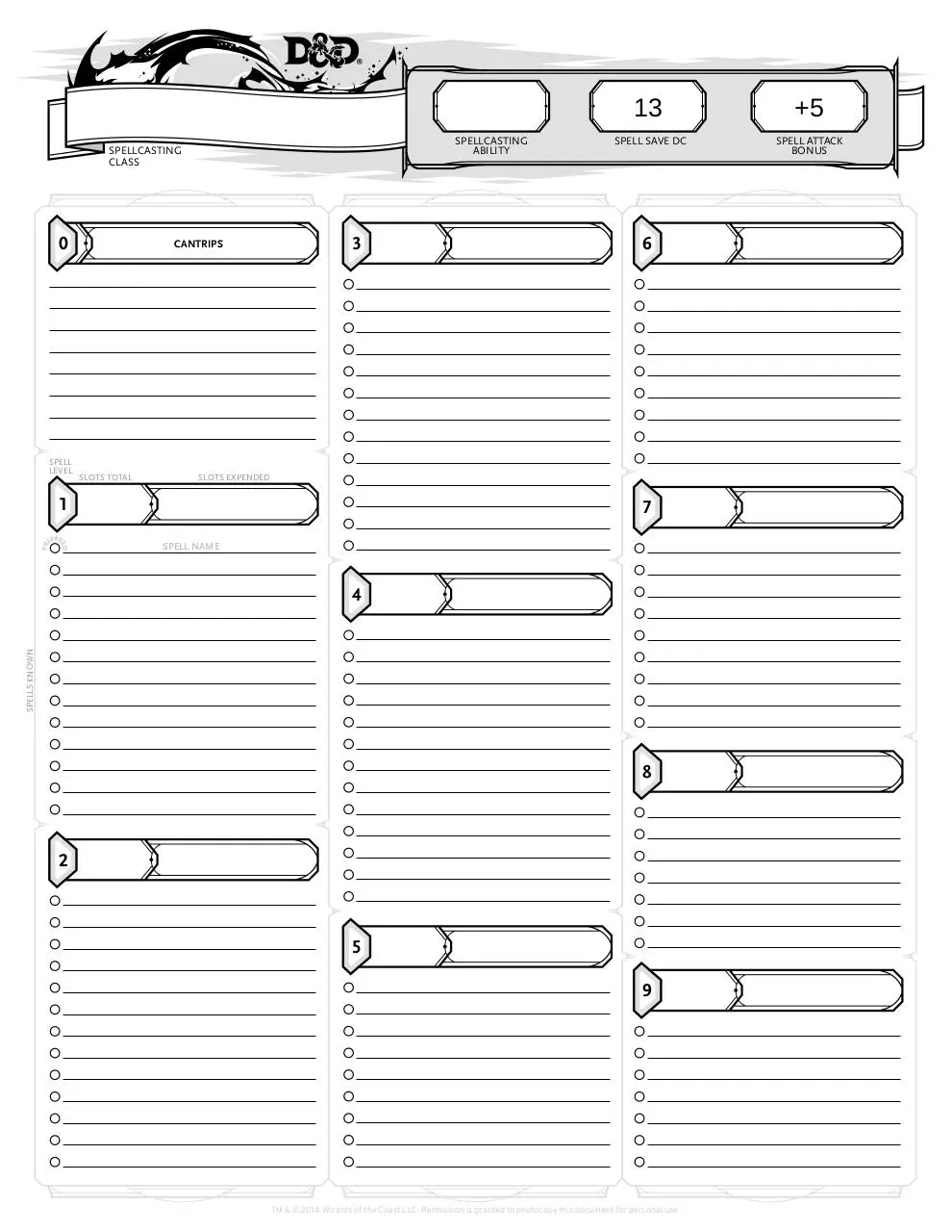 Page 1 of 1, Matt's half elf paladin spell sheet