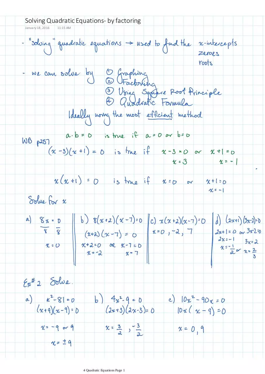 Page 1 of 2, 4.2 Solving Quadratic Equations by factoring