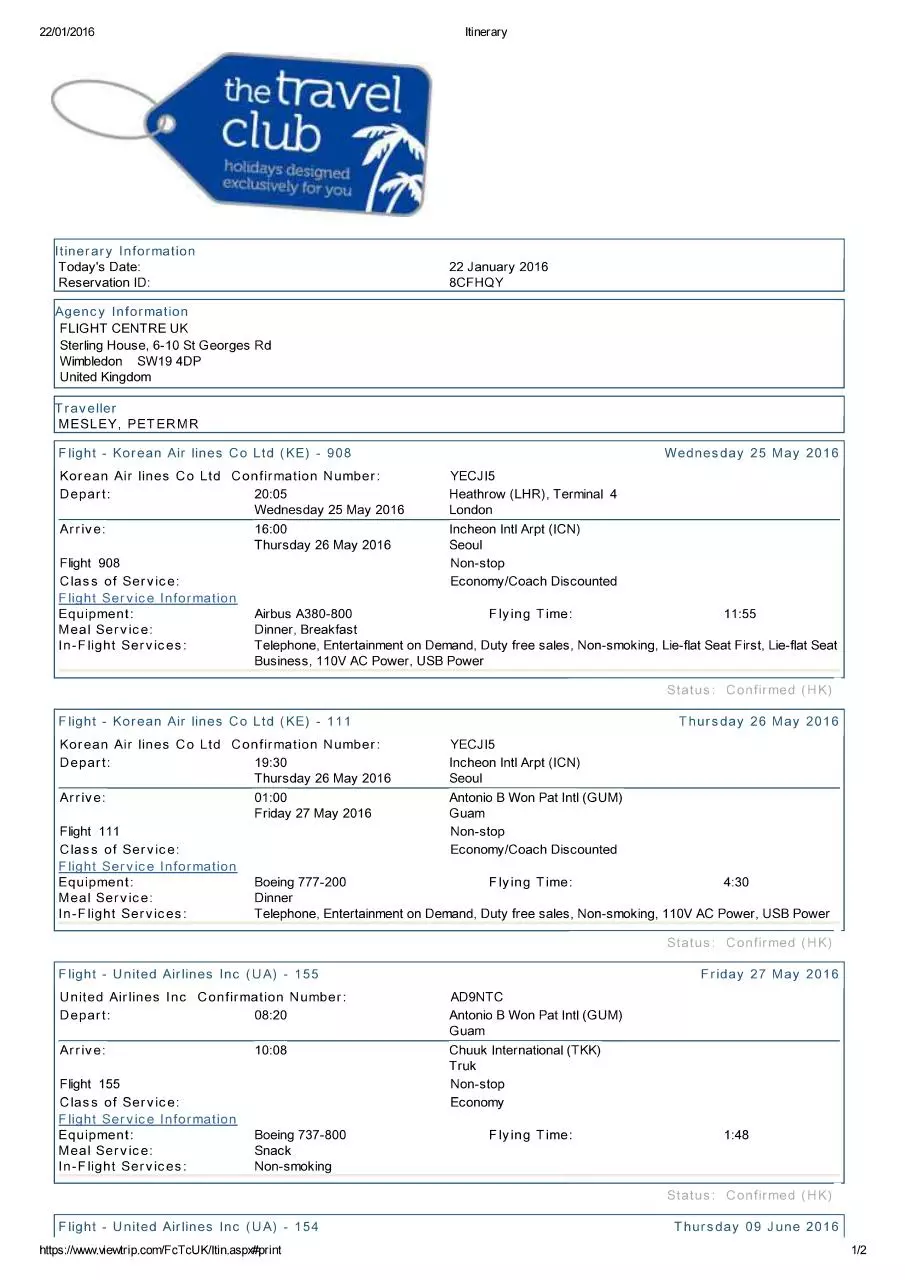 Page 1 of 2, Chuuk Itinerary