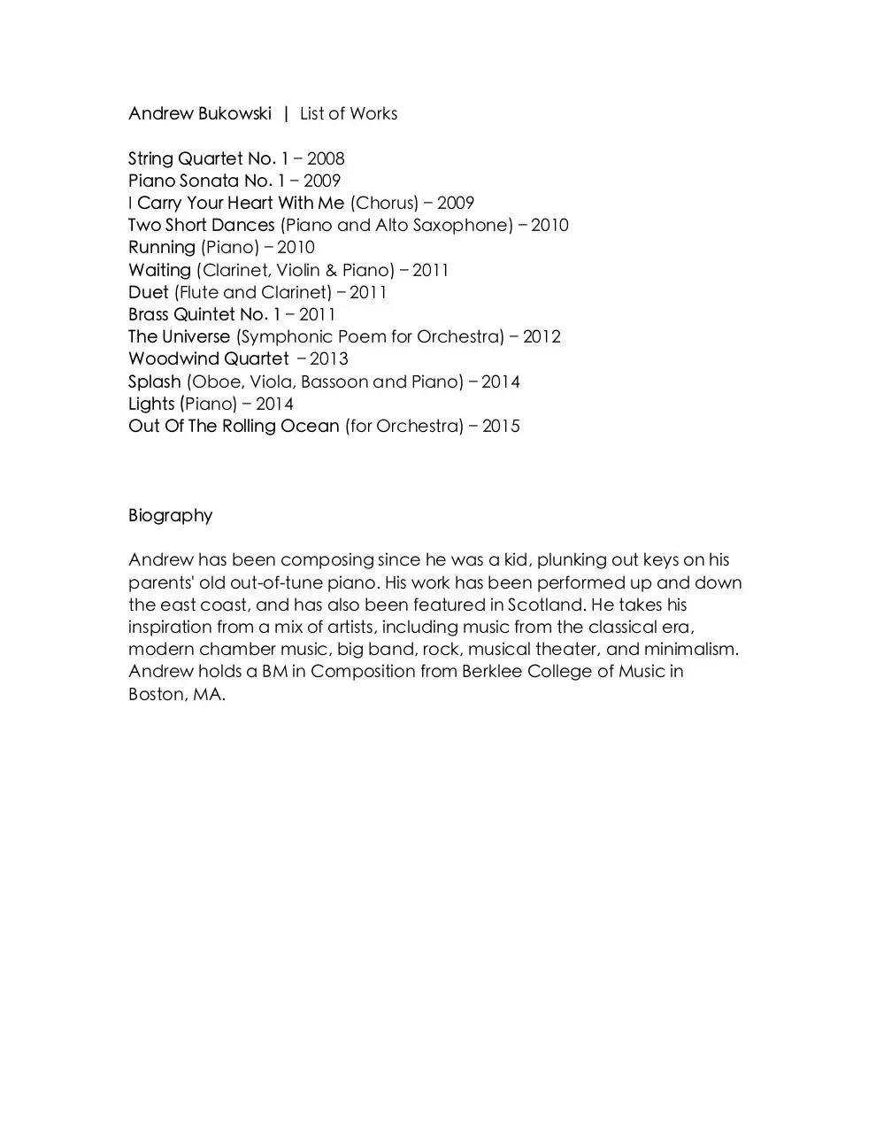 Document preview - Andrew Bukowski Works List.pdf - Page 1/1