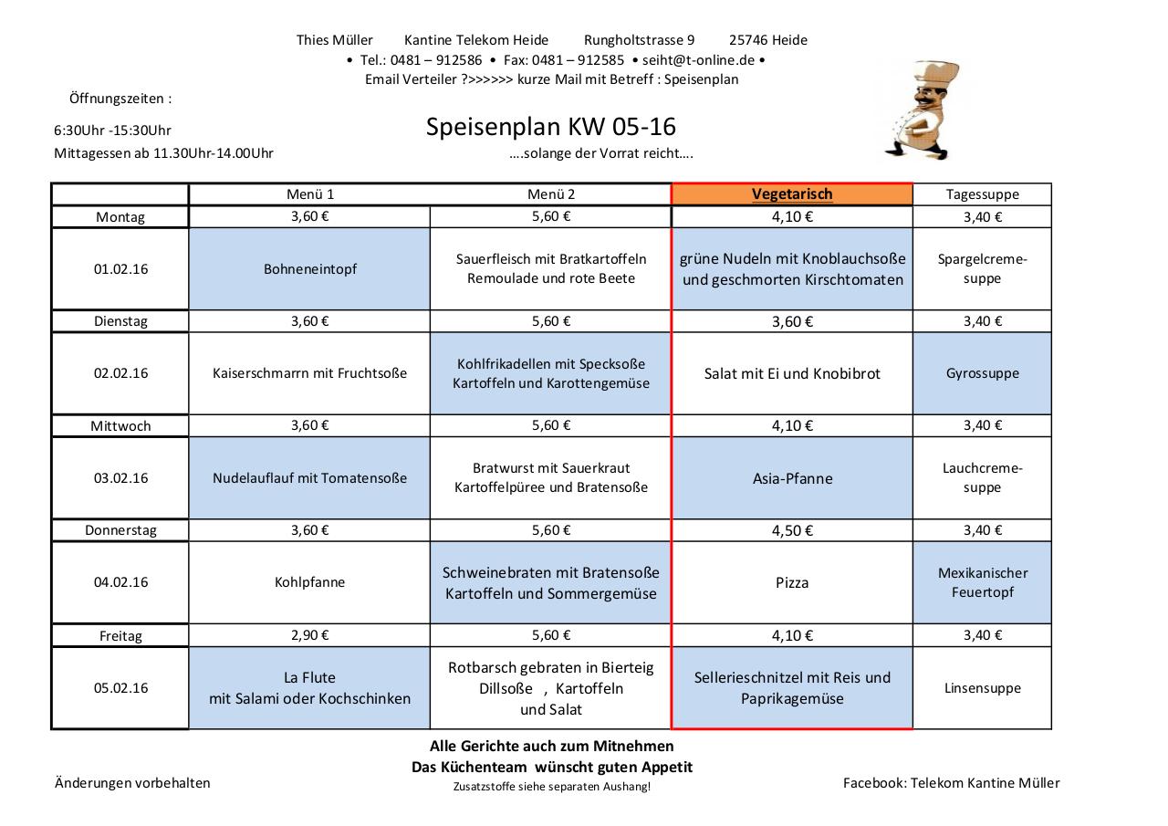 Document preview Speiseplan 05-16 KW Kantine Telekom Heide .xlsx.pdf - page 1/1