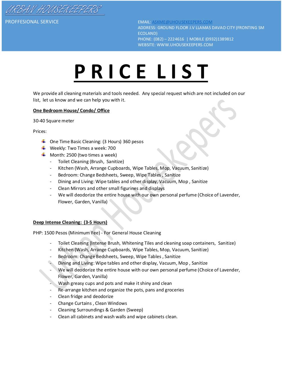Document preview Uhousekeepers Prices.pdf - page 1/3