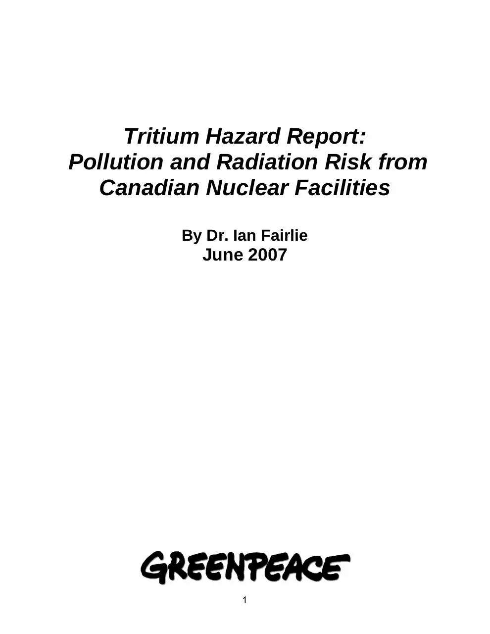 Page 1 of 92, Tritium Hazard Report Pollution and Radiation Risk