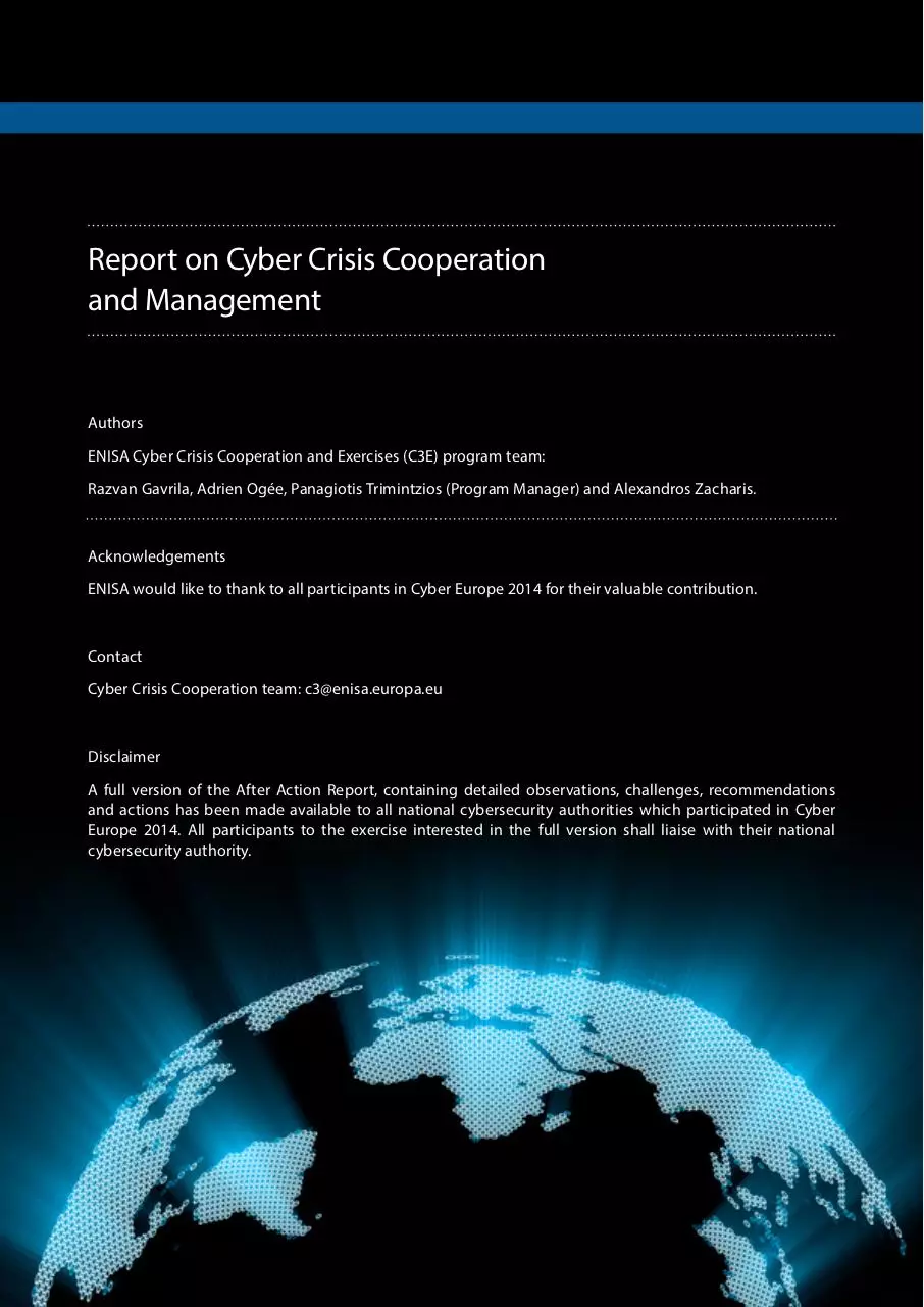 Page 2 of 20, Cyber Europe 2014 After Action Report PUBLIC