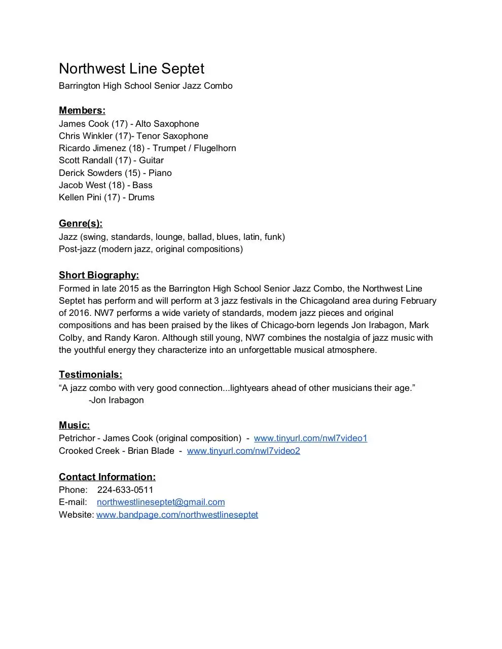 Page 1 of 1, Northwest Line Septet Press Kit