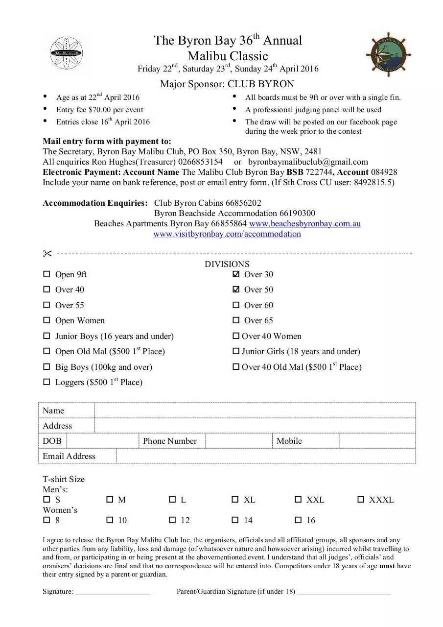 Page 1 of 1, BB Mal Club 2016 entry form