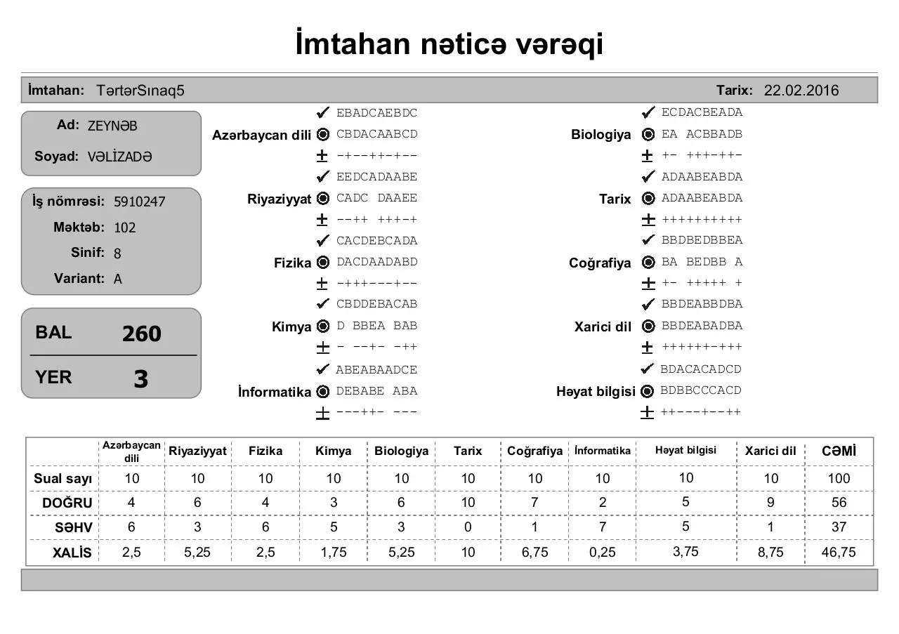 Page 3 of 26, mtahan nəticə vərəqi (8 ci siniflər)